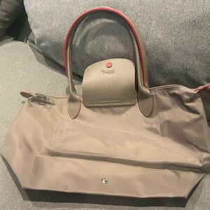 Longchamp tan Tote with Red Trim